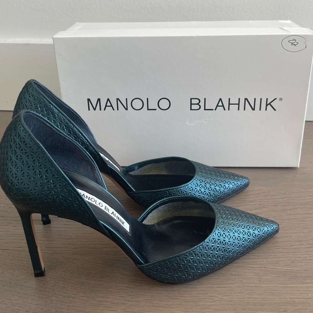 Manolo Blahnik Tayler Tayleradamesh Green Metallic Pump Dorsay Shoes 38